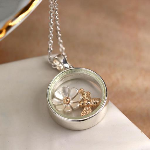 Peace of Mind Silver Plated Bee and Flower Necklace