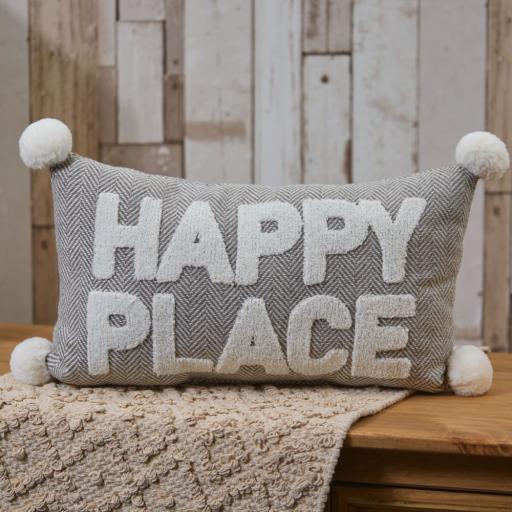 HAPPY PLACE CUSHION GREY HERRINGBONE WITH TEXTURED QUOTE