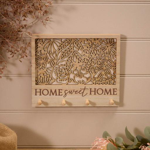 HOME SWEET HOME WOODEN PLAQUE WITH HOOKS