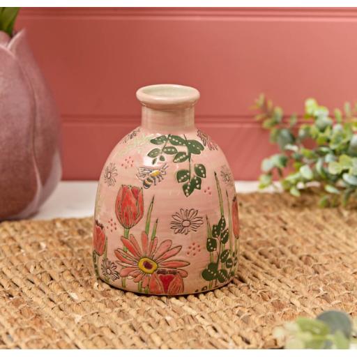 PINK TULIP AND MIXED FLOWER STONEWARE VASE