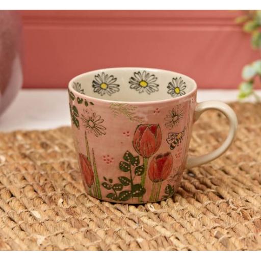 PINK TULIP AND MIXED FLOWER STONEWARE MUG