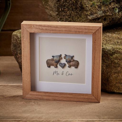 DOUGAL HIGHLAND COW 'ME & COO' WOOD FRAMED PEBBLE PICTURE