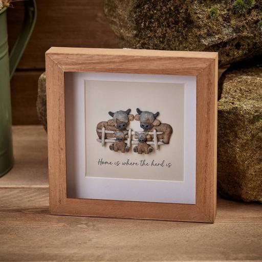 DOUGAL HIGHLAND COW 'HOME IS WHERE THE HERD IS' WOOD FRAMED PEBBLE PICTURE