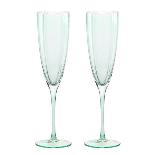 SET OF 2 SCALLOP GREEN FLUTE GLASSES