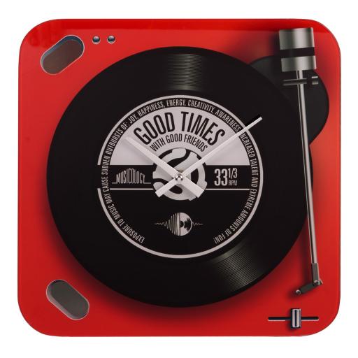 RED RECORD PLAYER GLASS WALL CLOCK