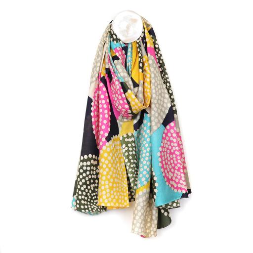 BLACK/PINK/YELLOW/TAUPE MIX DOTTED CIRCLES PRINT SCARF