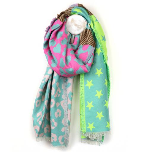 BRIGHT PINK, AQUA & NEON GREEN MIX STAR & ANIMAL PRINT SCARF