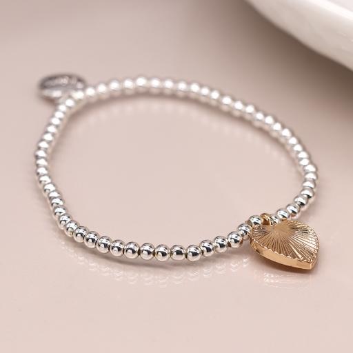 SILVER PLATED BEAD BRACELET WITH FAUX GOLD TEXTURED HEART