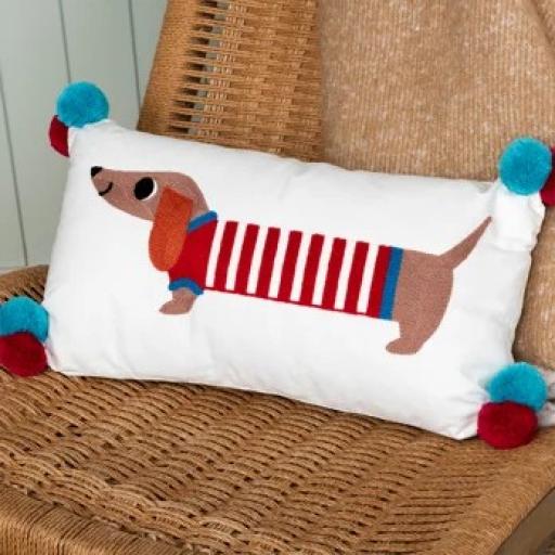 Sausage dog cushion with pompoms 2.jpg