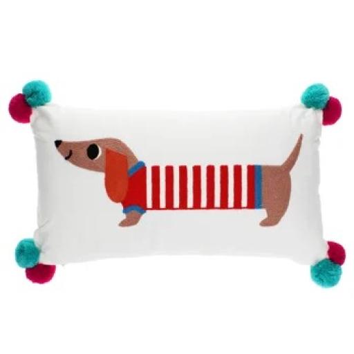 SAUSAGE DOG CUSHION WITH POM POMS