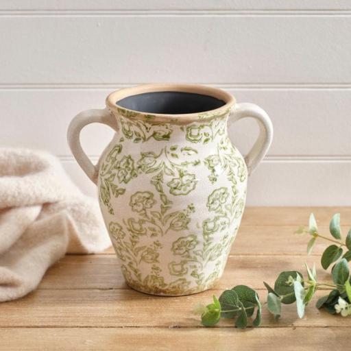 TOILE DE JOUY SOFT GREEN DECORATIVE VASE WITH HANDLES