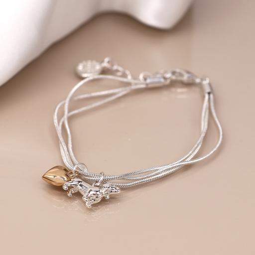 PEACE OF MIND SILVER PLATED TRIPLE STRAND, GOLD PLATED HEART AND DACHSHUND BRACELET