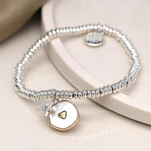 PEACE OF MIND SILVER PLATED BRACELET, WITH MOP HEART DISC AND CRYSTAL HEART BRACELET