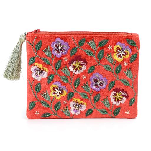 CORAL RED VELVET PANSIES EMBROIDERED PURSE