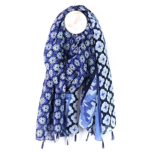 BLUE MIX ABSTRACT FLORAL TILE PRINT ORGANIC SCARF