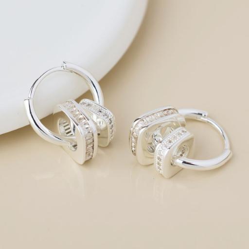 SILVER PLATED HOOP AND SQUARE CRYSTAL RING EARRINGS