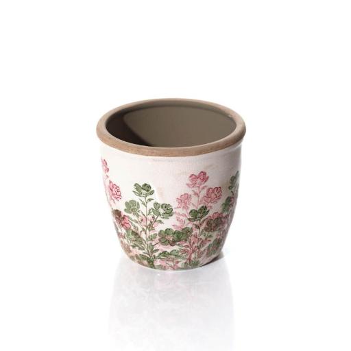 STONEWARE PINK GREEN FLORAL PLANT POT