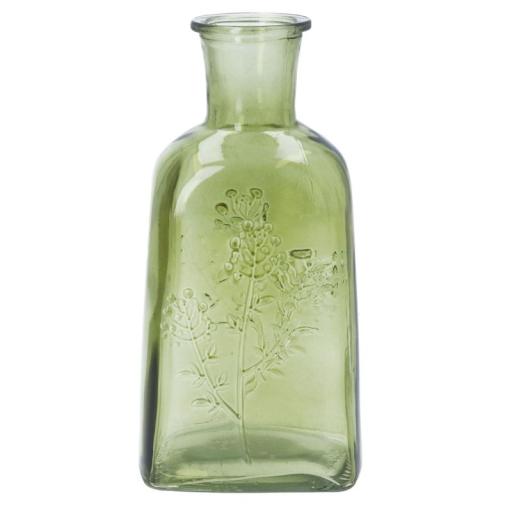 GLASS VASE OLIVE GREEN WILDFLOWER BOTTLE 19CM