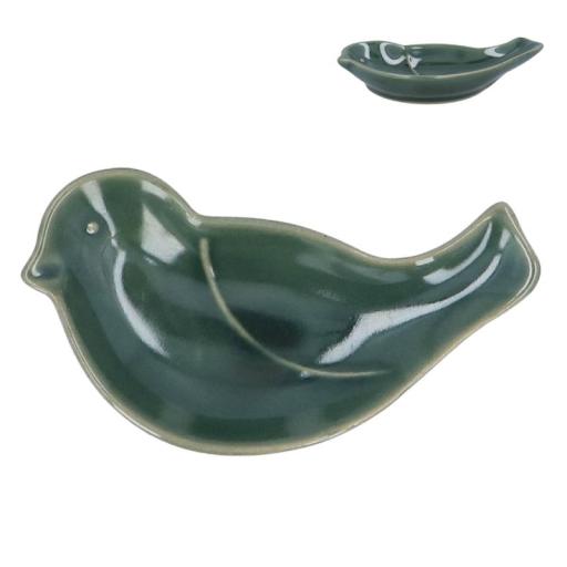 GREEN STONEWARE MINI BIRD TRINKET DISH