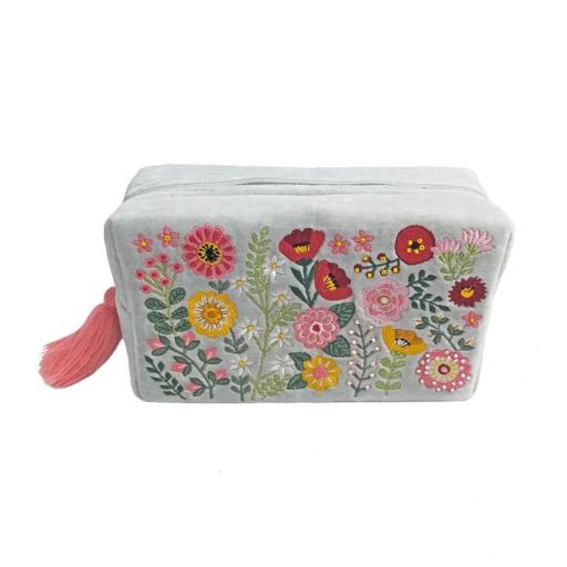 FLORAL LUXE COTTON VELVET MAKE-UP POUCH  BEADS  EMBROIDERED