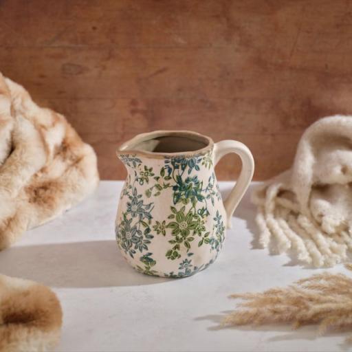 STONEWARE GREEN VINTAGE FLORAL DECORATIVE JUG