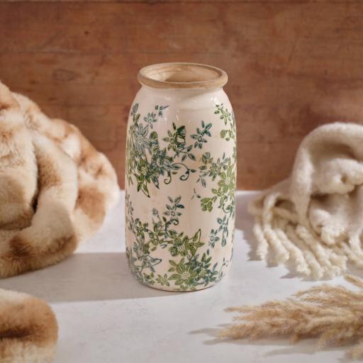 STONEWARE GREEN VINTAGE FLORAL TALL VASE