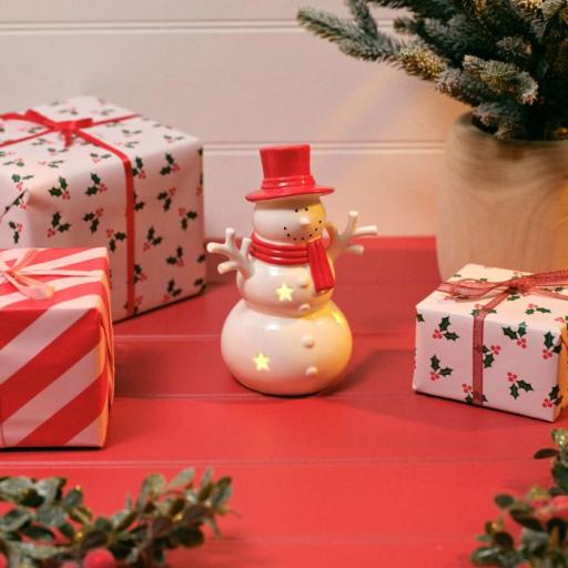 CERAMIC SNOWMAN WITH RED HAT & SCARF LED