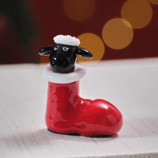 HAND BLOWN GLASS SANTA BOOT WITH SHEEP